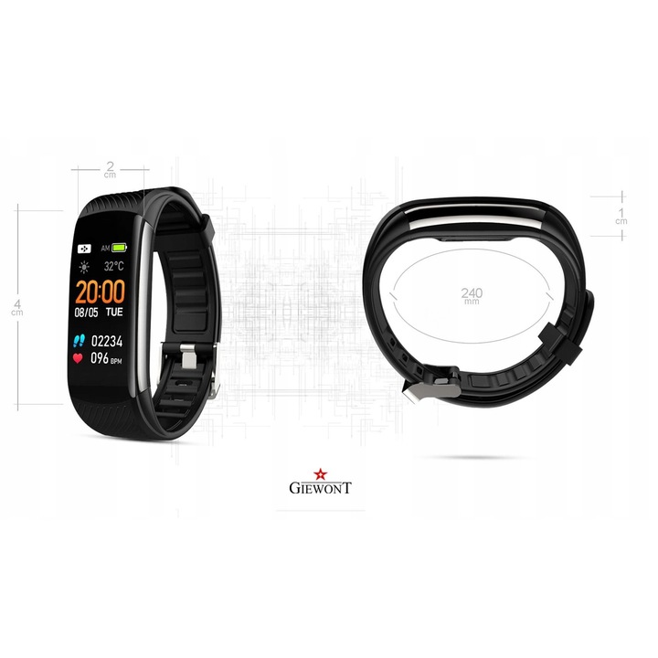 Фитнес гривна Giewont Fit&GO Duo GW200, черна + червена каишка, проследяване на активността, водоустойчива