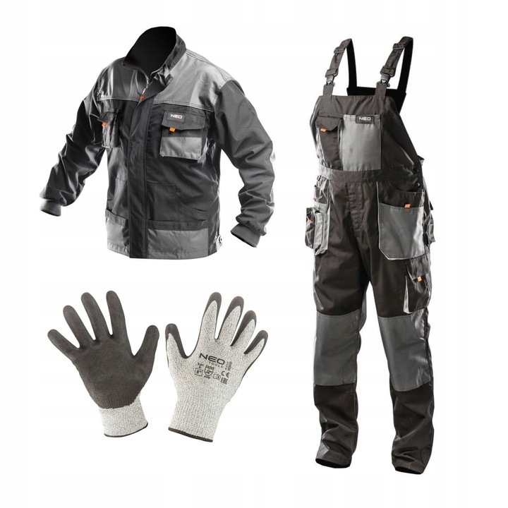 Set imbracaminte de lucru NEO, pantaloni cu bretele S/48, bluza S/46, manusi 8, gri