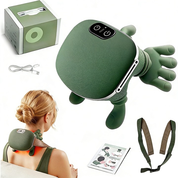 Aparat de masaj cervical pentru gat si umeri 4D, cu incalzire, fara fir, masaj tip mana umana, 3 moduri, 2000mah, relaxare si dureri musculare, Verde
