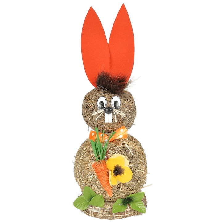 Iepuras Decorativ de Paste din Paie, Portocaliu-Natur cu Morcov, 48 cm, Figurina Rusticǎ pentru Decor Interior
