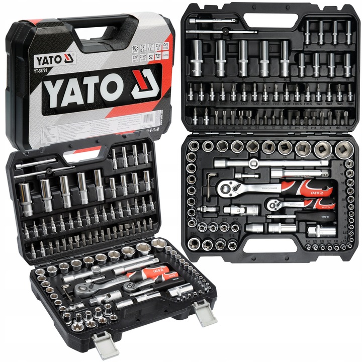 Set unelte 1/4" si 1/2", Yato, 108 piese, inox CrV, utilizare profesionala