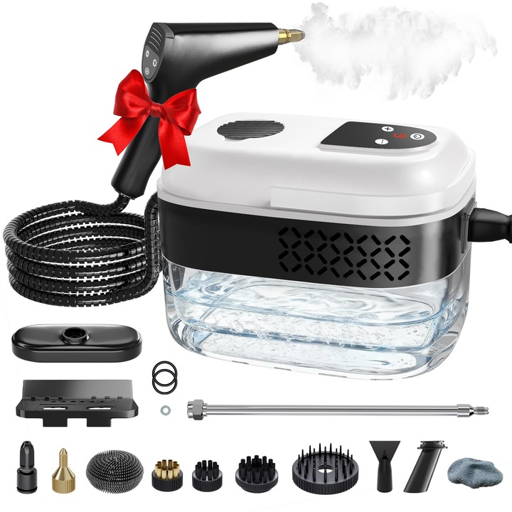Aparat de curatat cu abur, Bedee, 1500W, 3.5 Bar, rezervor 1400 ml, incalzire 15s, 6 setari de reglaj al aburului, Maner anti-oparire, Conducta de abur de 1,9 metri, pentru casa, bucatarie, baie, masina, faianta, rosturi, Negru