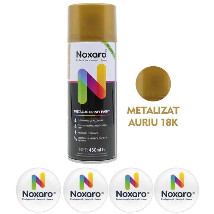 Vopsea spray metalizat Auriu 18k, NOXARO, Cantitate 450ml, 4x Stickere