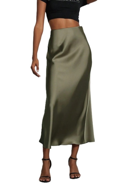 Fusta Dama, Maxi, Aspect Satinat, Talie Inalta, Verde inchis