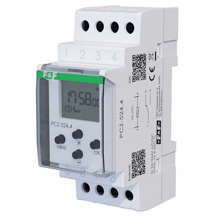 Csillagászati óra 1-csatornás F&F PCZ-524.4, telefonos konfiguráció, 24/264 V, 16 A, 35 mm, világítás vagy elektromos fogyasztók vezérlésére