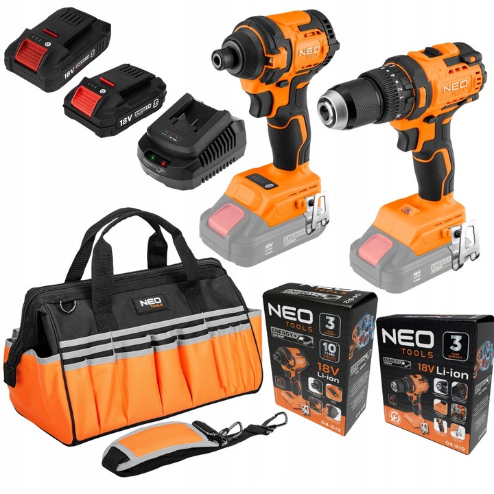 Комплект безчеткови електрически инструменти 18V - 6 елемента, NEO TOOLS, 2 батерии 2Ah и 4Ah, чанта за инструменти
