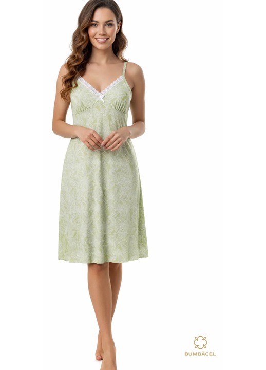 Camasa de noapte cu imprimeu, din bumbac, pe bretele, pentru dame, Verde