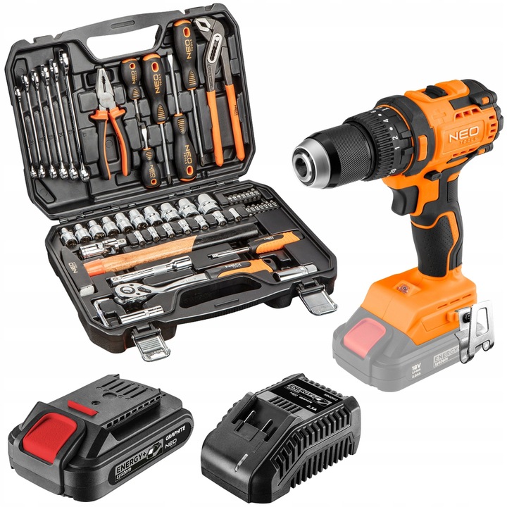 Комплект инструменти 56 части, 18V, батерия 2.0Ah, зарядно, NEO TOOLS