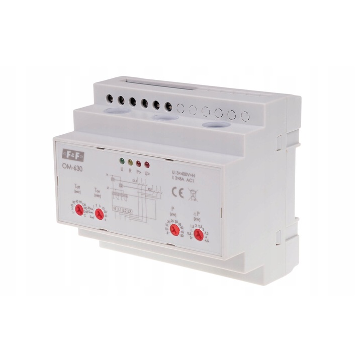 Limitator de putere F&F OM-630, 3 faze, masurare directa pana la 50 kW, montaj pe sina TH35, dimensiuni 105mm