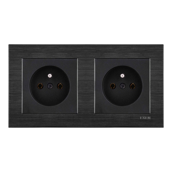 2x priza electrica cu impamantare, negru + cadru dublu COMFORT Space Black EXEN
