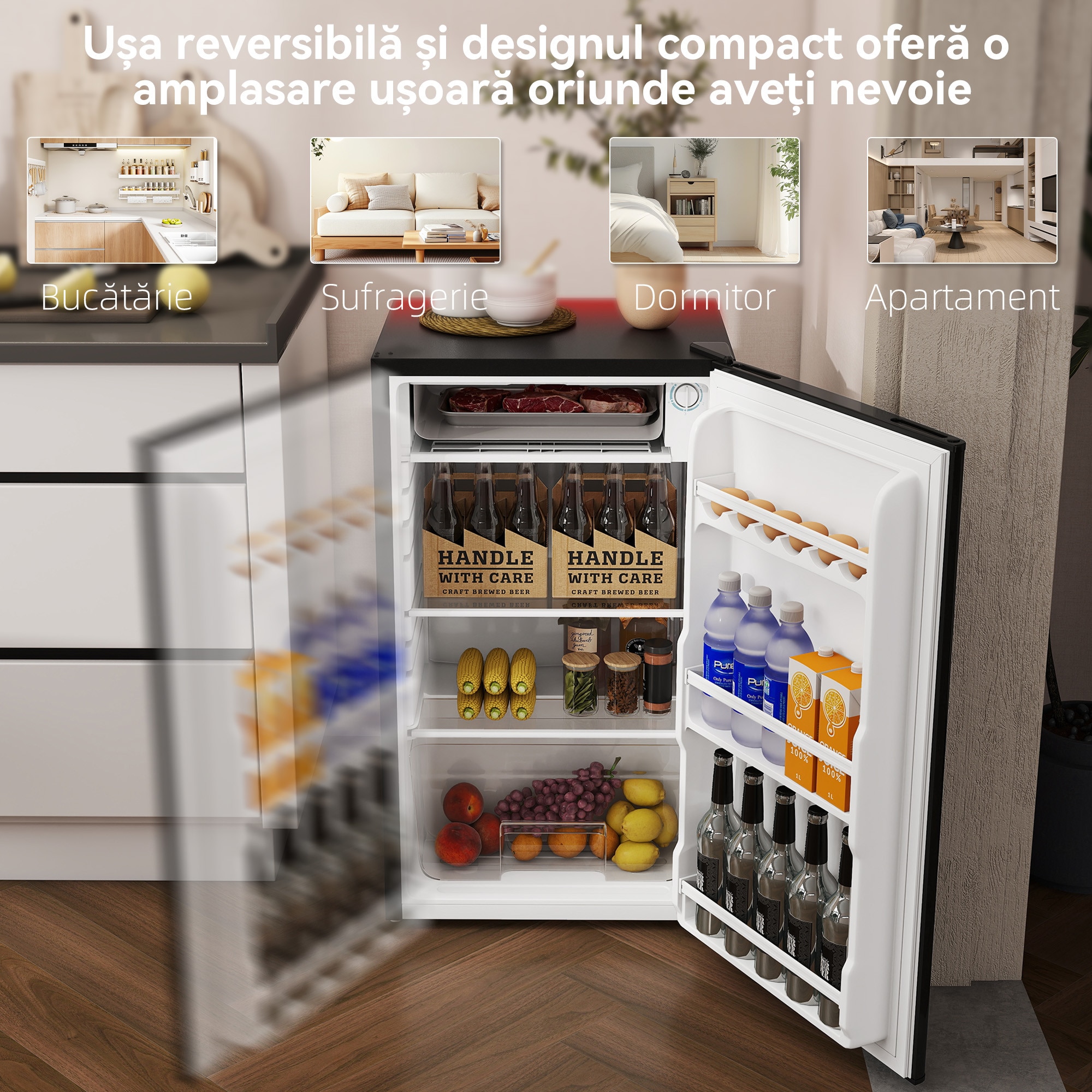 Frigider mic HOMCOM MonoPorta cu congelator, 91L, temperatura reglabila, negru, 47.5x44.2x84cm