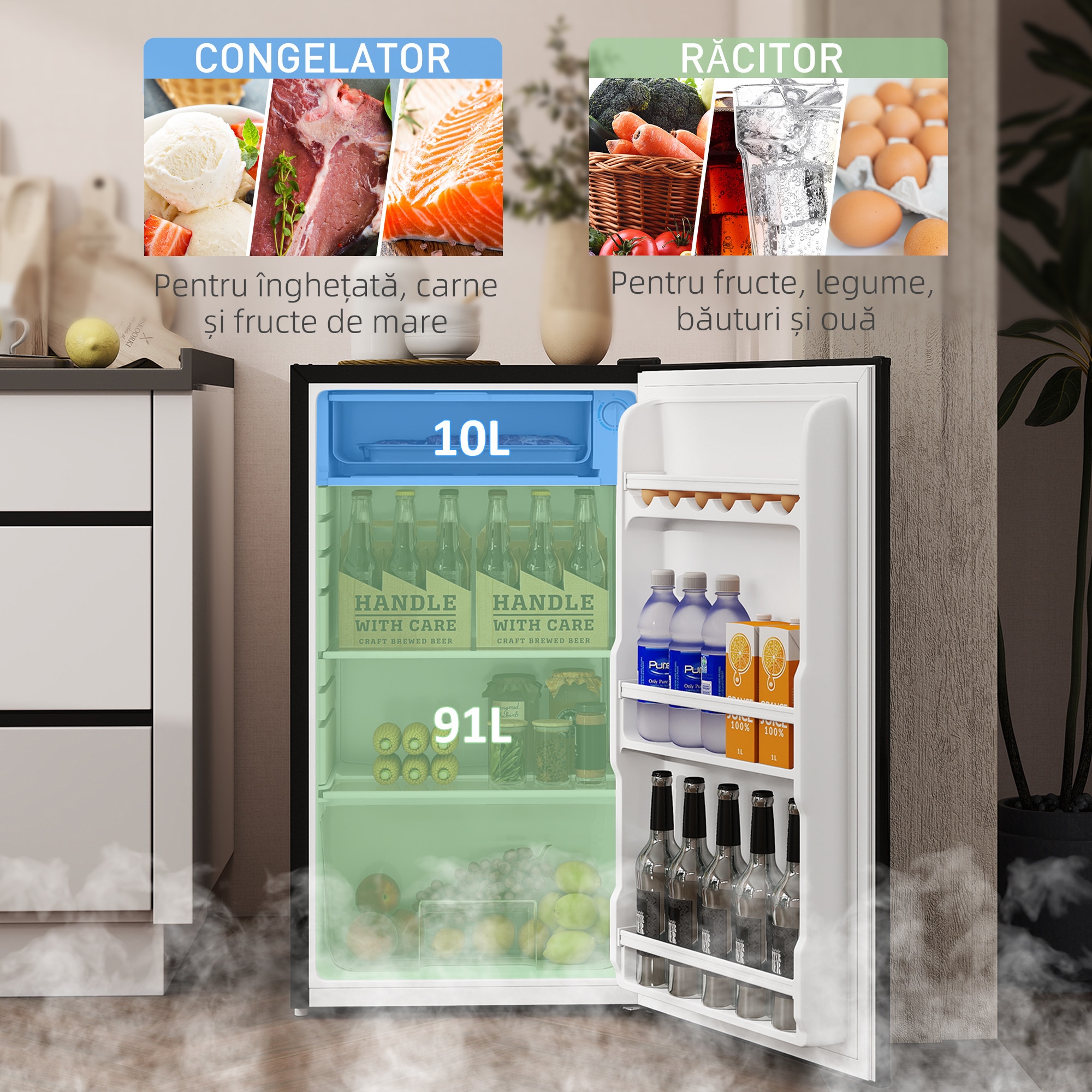 Frigider mic HOMCOM MonoPorta cu congelator, 91L, temperatura reglabila, negru, 47.5x44.2x84cm