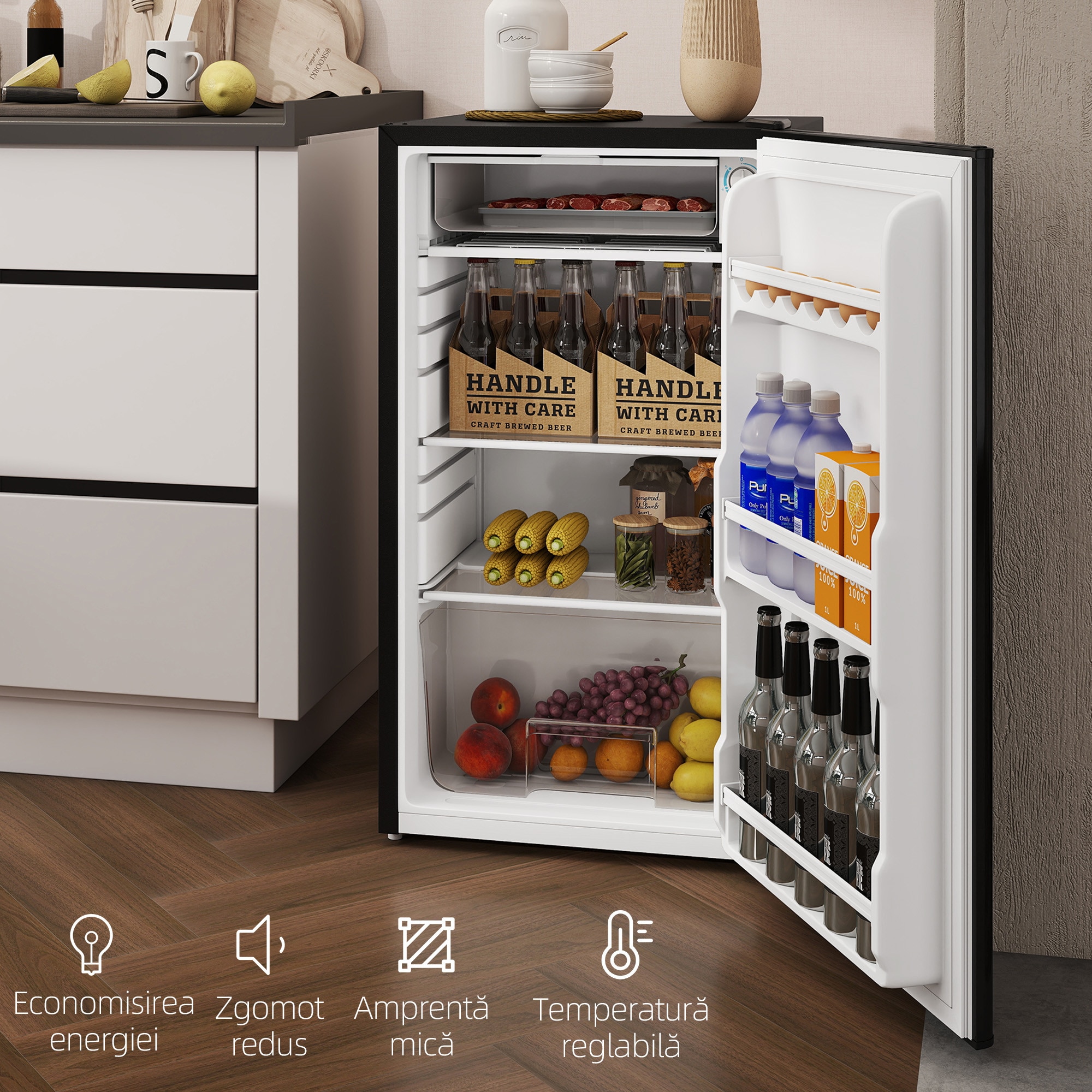 Frigider mic HOMCOM MonoPorta cu congelator, 91L, temperatura reglabila, negru, 47.5x44.2x84cm