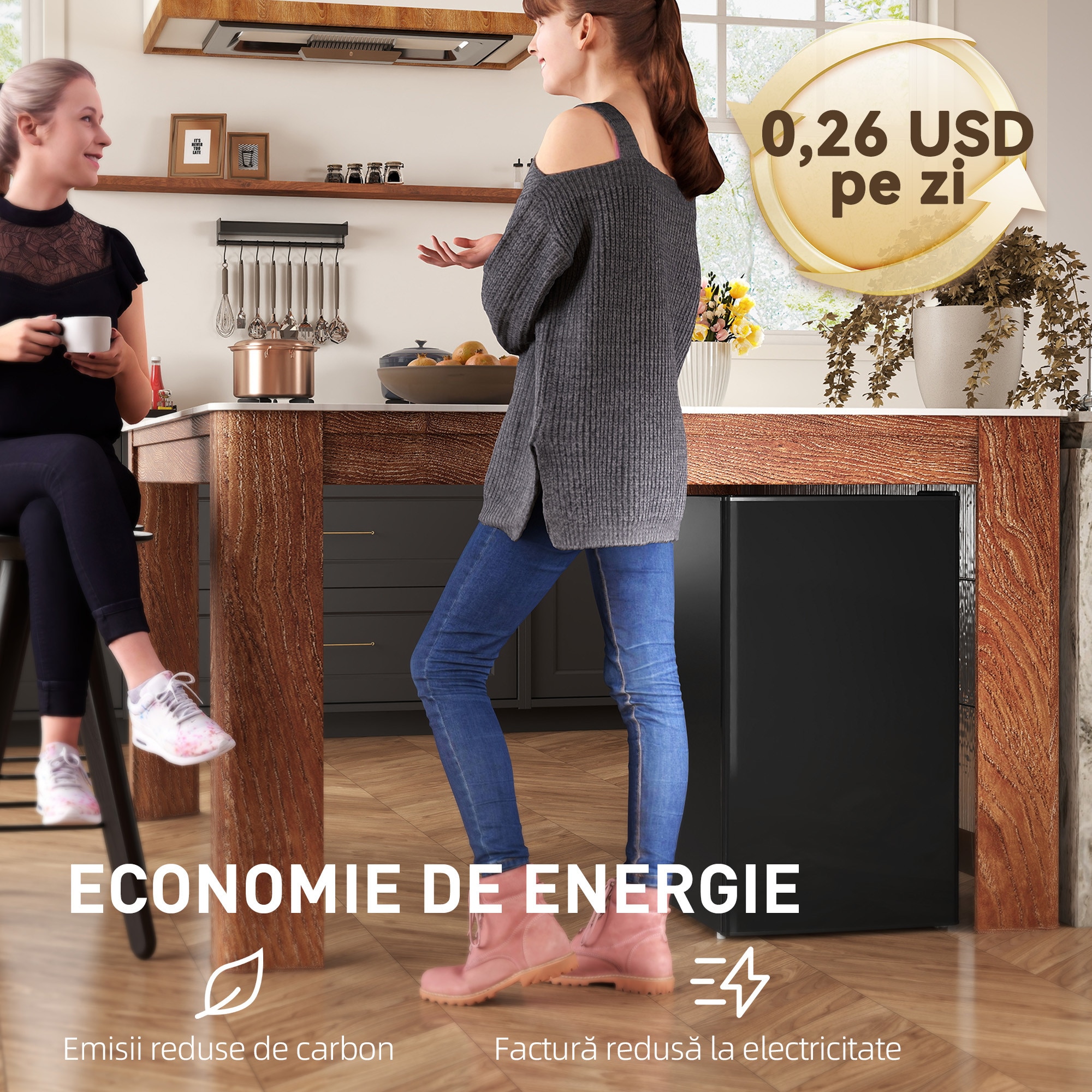 Frigider mic HOMCOM MonoPorta cu congelator, 91L, temperatura reglabila, negru, 47.5x44.2x84cm