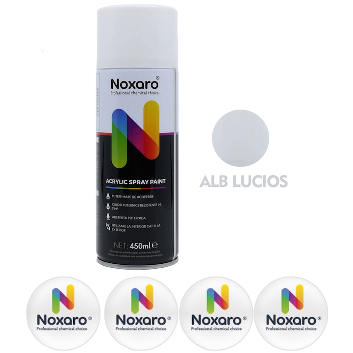 Vopsea spray Alb Lucios, NOXARO, Cantitate 450ml, 4x Stickere