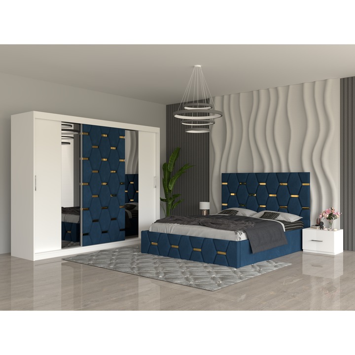 Dormitor Sofia Albastru 250x200x60 cu Pat Tapitat 160x200