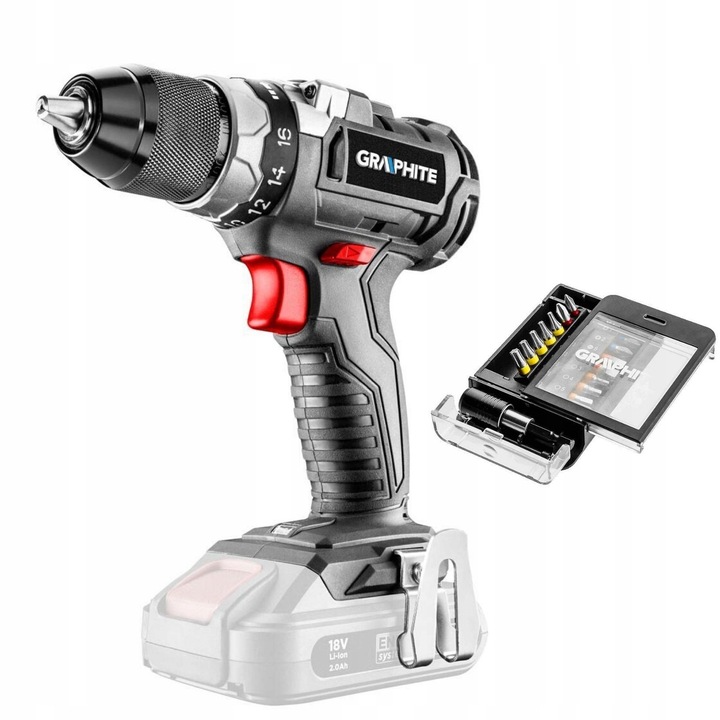 Акумулаторна бормашина Energy+, 18V, 58Nm, със самозатягащ патронник 13мм, комплект от 15 накрайника