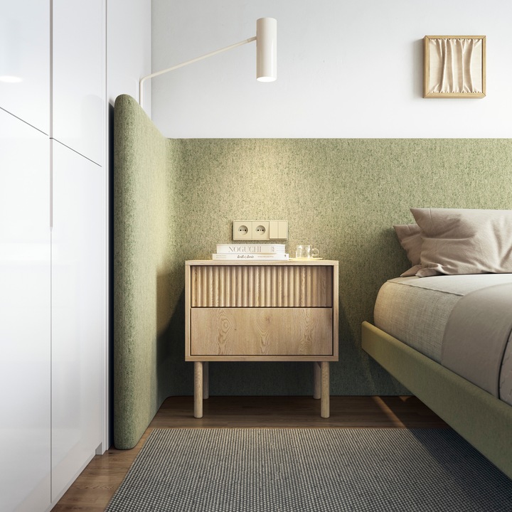 Noptiera TAU, Komodee, fronturi canelate, sistem push-to-open, MDF/lemn, 55 x 54 x 40 cm, Stejar Cremona