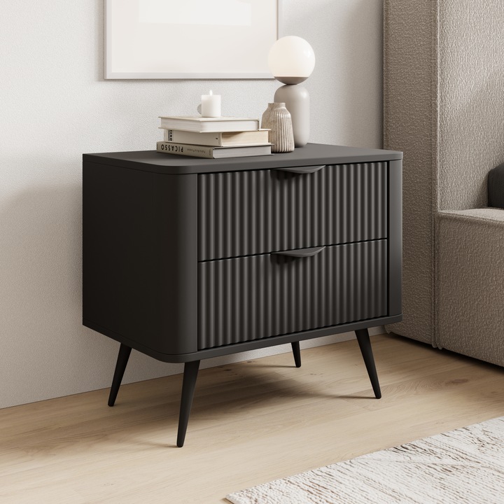 Noptiera LEKNES Komodee, cu sertare, picioare inalte, PAL melaminat, 55 x 63 x 38 cm, Negru