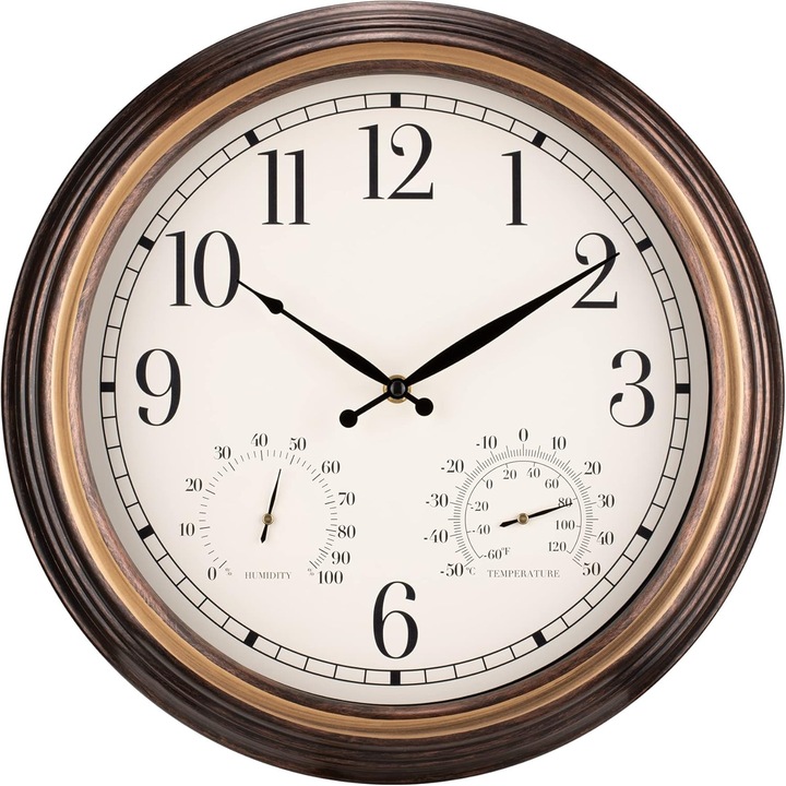 Ceas de perete Navaris, analogic, interior/exterior, design vintage, Ø 38 cm, mecanism silentios, cu termometru si higrometru, din lemn, Maro