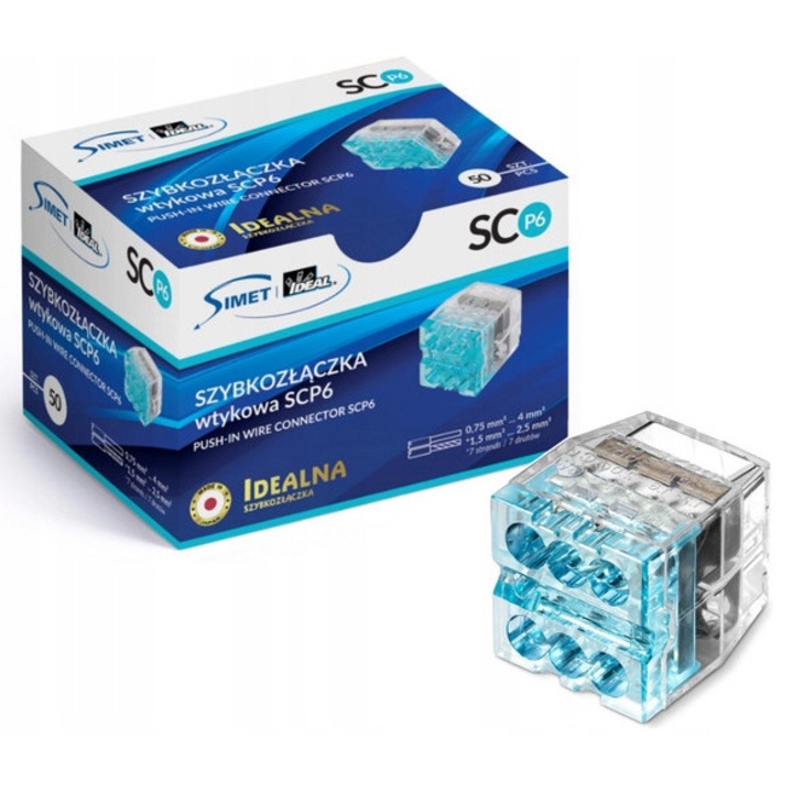 Conector SIMET 6 tori 0,75-4 mm transparenta/albastra 15,32x15,42x18,52 mm