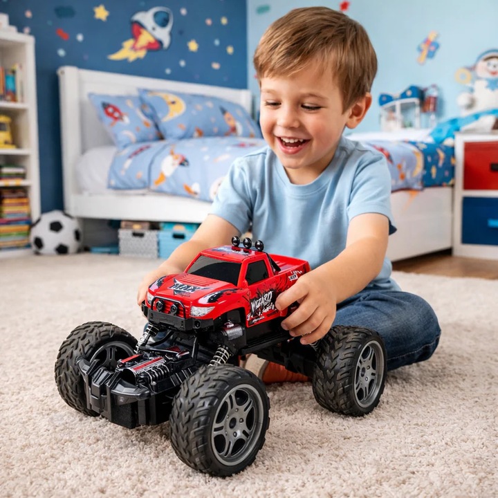 Masinuta cu telecomanda Off-Road Red idealSTORE, Acumulator reincarcabil, Poate prinde viteza de pana la 20km/h, Control 2.4GHz, Suspensii rezistente, Roti pentru teren accidentat, Culoare Rosu