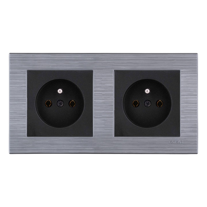 2x priza electrica cu impamantare neagra + cadru dublu COMFORT, otel EXEN