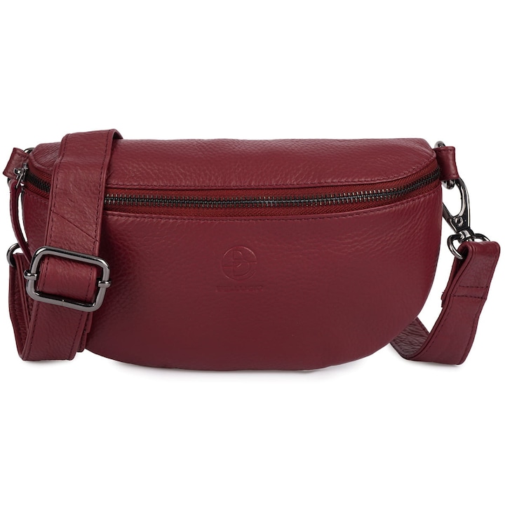 Sacheta din piele naturala Bellugio, rosie, dimensiuni 25x5x13cm, cu curea reglabila