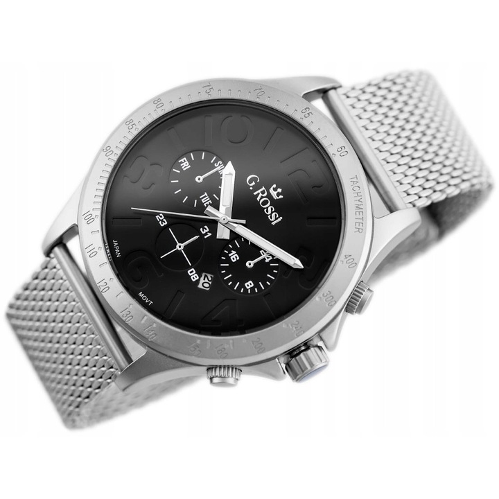 Ceas barbatesc G. Rossi 11520B, mecanism quartz, bratara metalica, culoare argintie, dimensiuni 49x57x12mm