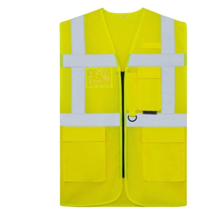 Vesta reflectorizanta mesh multifunctionala, 130 g/m², cu fermoar si buzunare, benzi reflectorizante 5 cm, Korntex KXCMMF, Hi-Vis Yellow, M