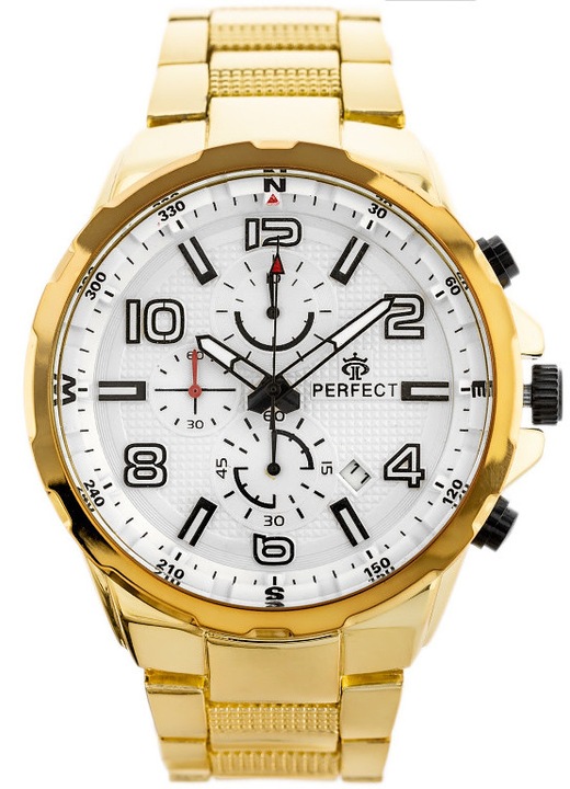Ceas barbatesc Perfect CH05M, cronograf, bratara metalica aurie, cadran alb, 48x52x11mm