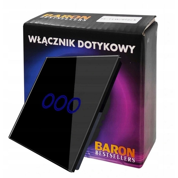 Érintőkapcsoló, hármas, üveg, fekete, méretek 86x86mm, komplett szett