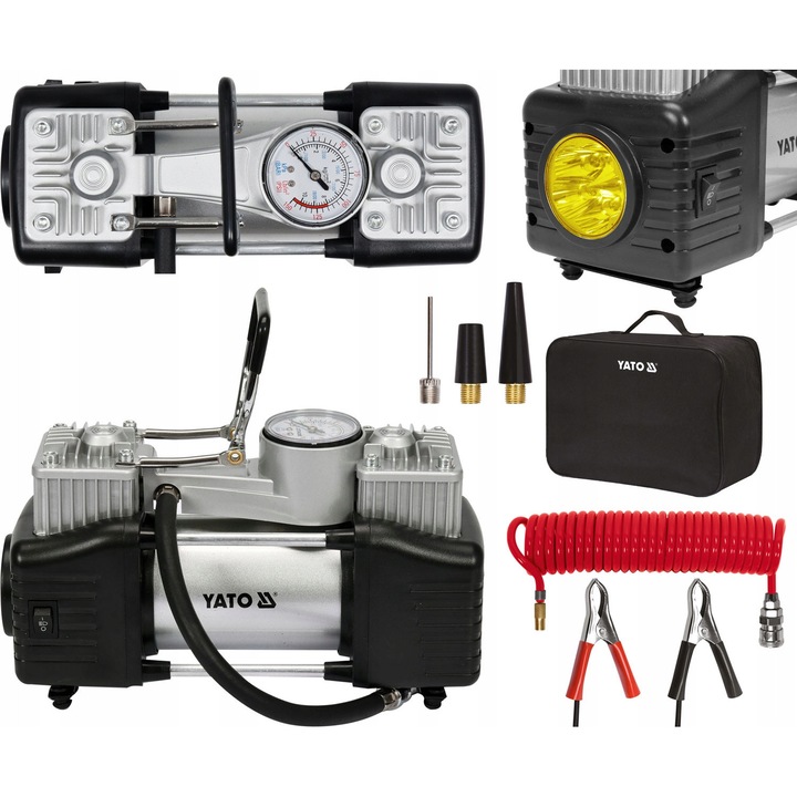 Compresor auto Yato 250W cu manometru, lampa LED, 12-13,8V, 30x2mm, set cu furtun de 5m si 3 capete