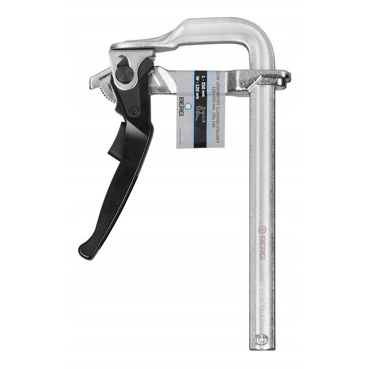 Clema cu parghie Berg 120x250mm, din otel C45, rezistenta la uzura, utilizare in ateliere si productie