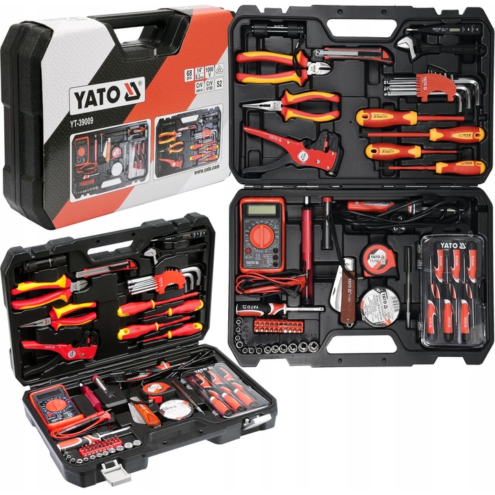 Set unelte electrice 68 piese Yato VDE 1000V, inclusiv surubelnite si clesti, dimensiune 1/4" (6.3 mm)