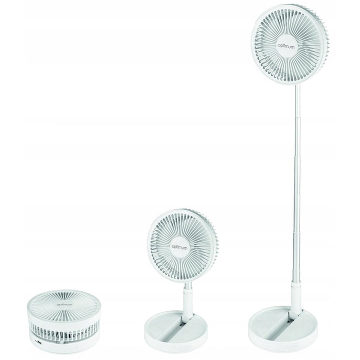 Ventilator USB Optimum, model P9, alb, 4 viteze, acumulator 7200 mAh, set compact