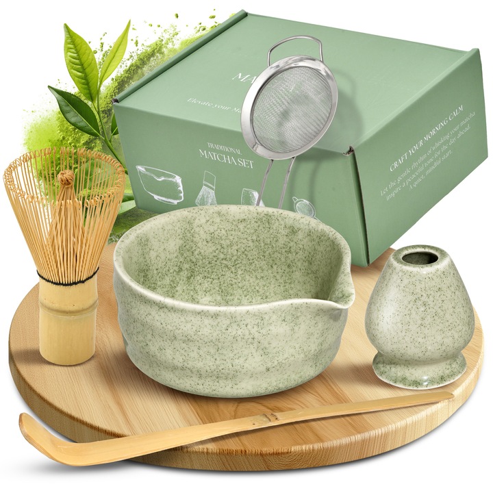 Comforder Zestaw Matcha Teaszett Keverővel és Tállal, Zöld