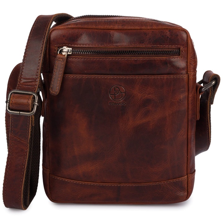 Bellugio AMADEO IX valódi bőr válltáska, konyak színű, 18x6x22cm méretű, kétrekkes modell