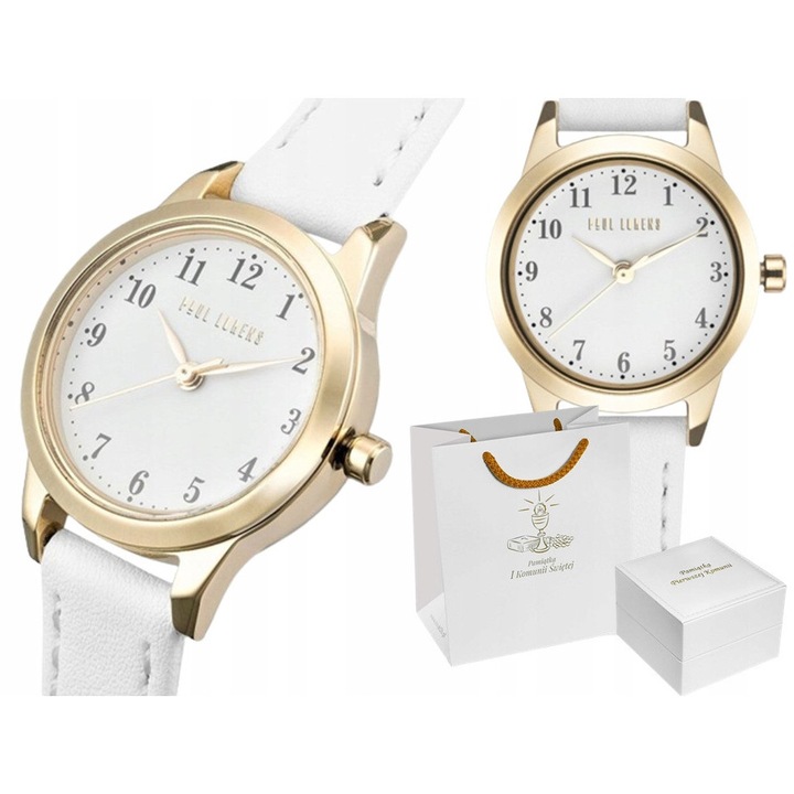 Ceas pentru copii Paul Lorens, mecanism quartz, carcasa aurie, curea alba, set cu torebka si cutie comunionala
