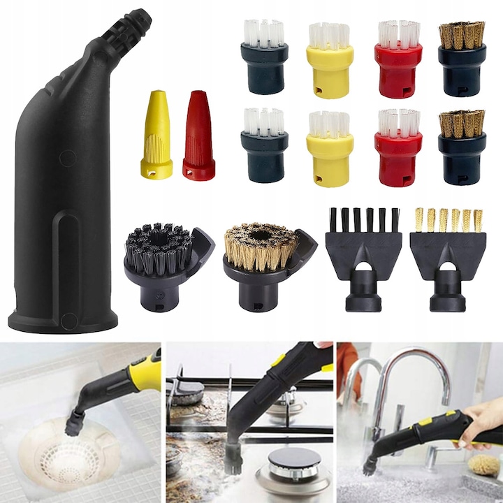 Set 15 accesorii pentru aparate de curatat cu aburi, 8 perii rotunde, 3 duze colorate, perii de curatare, compatibile cu Karcher SC1 SC2 SC3 SC4 SC5