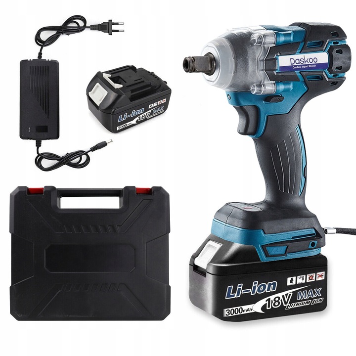 Комплект безжичен ударен гайковерт, 520 Nm, 18 V, син и черен, включва батерия 3000 mAh, зарядно устройство и калъф