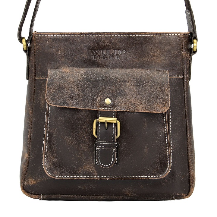 Férfi táska Wild Tiger valódi bőrből, barna, állítható pánttal, mérete 23x7x23cm