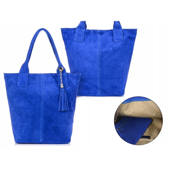 Geanta shopper Vera Pelle din piele naturala albastra, mare, cu 2 compartimente, dimensiuni 35x25x18cm, include o mica poseta.