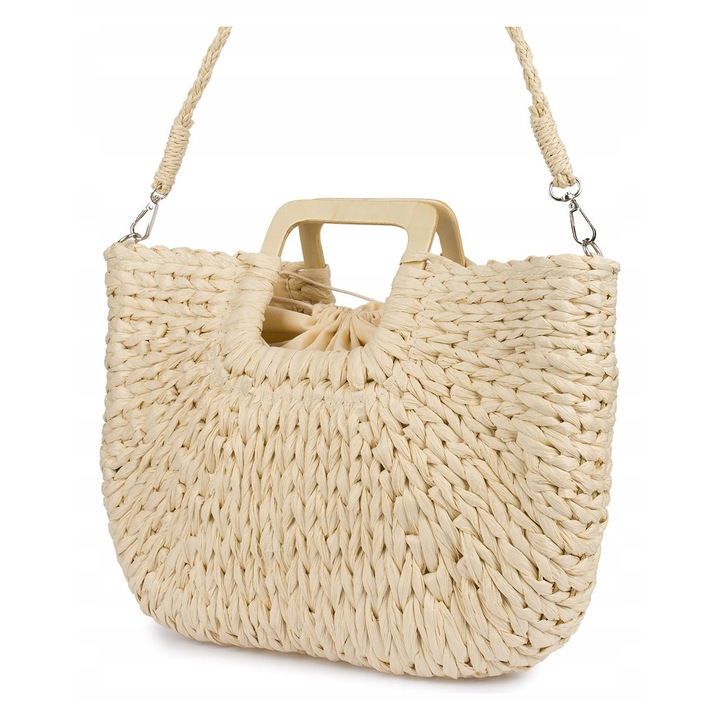 Geanta boho mare ecru, cu fermoar, din material textil, dimensiuni 40x25x11cm