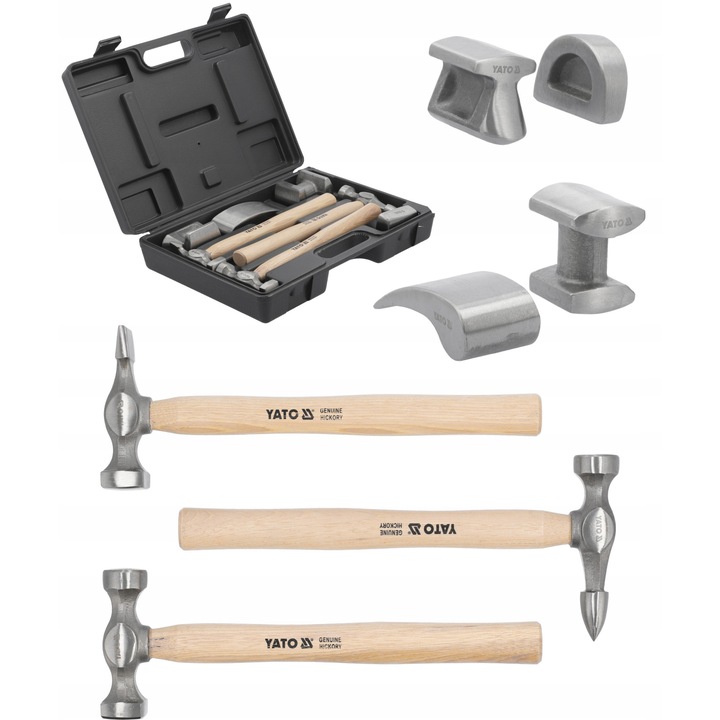 Set de unelte de caroserie Yato, 7 piese, 3 ciocane cu manere din lemn de hickory, 4 forme din otel, 4900g