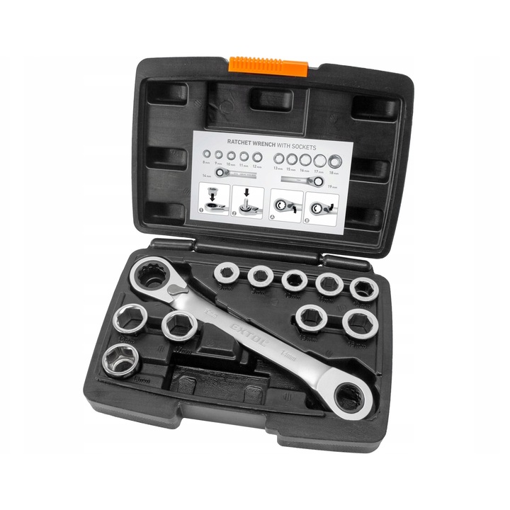 Set chei cu grzechotka, 11 piese, 8-19mm, CrV, Extol Premium