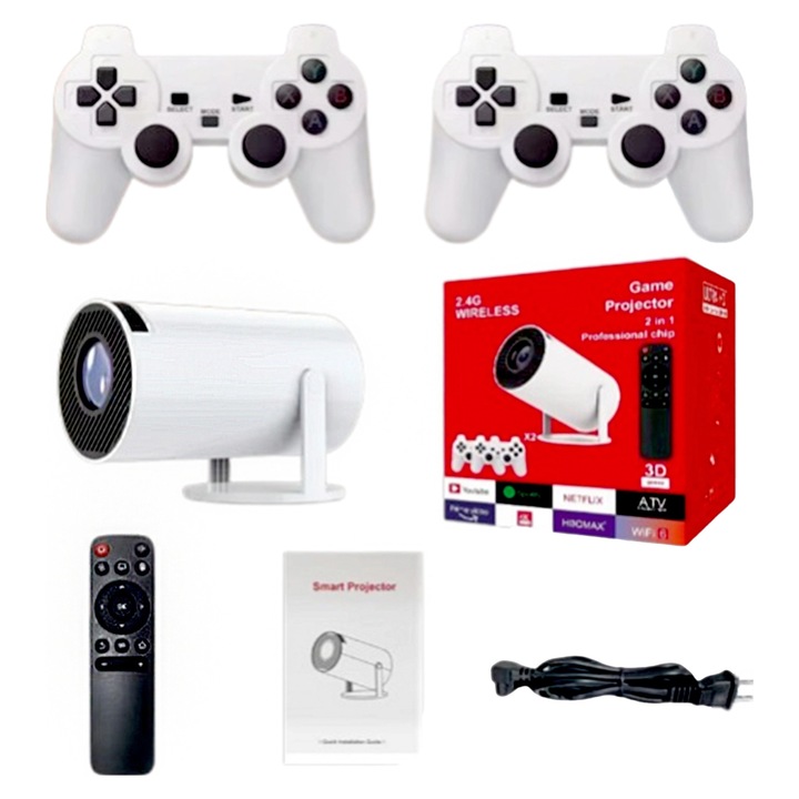 Videoproiector LED, pentru jocuri, alb, set cu 2 controlere