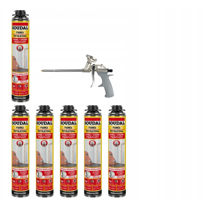 Set pistol cu spuma poliuretanica montaj SOUDAL, 6 bucati, 750 ml, rezistenta la temperaturi de -40C pana la +90C, aplicare intre +5C si +30C