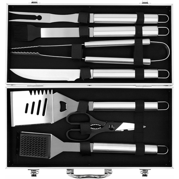 Set de ustensile pentru gratar 7 piese, Yato, din otel inoxidabil, cu valiza aluminiu, 40x21x8,5cm