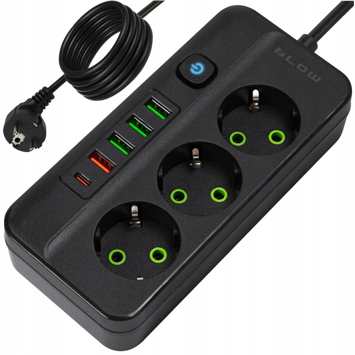 Разклонител BLOW с 3 USB порта, 3м, черен